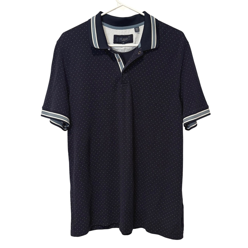 Ted Baker Polo Shirt Mens 5/US XL Navy Blue Polka Dot Tipped Collar Snap Button